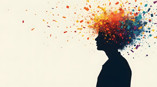  silhouette of a person with their head exploding into colored shards, Ai generated