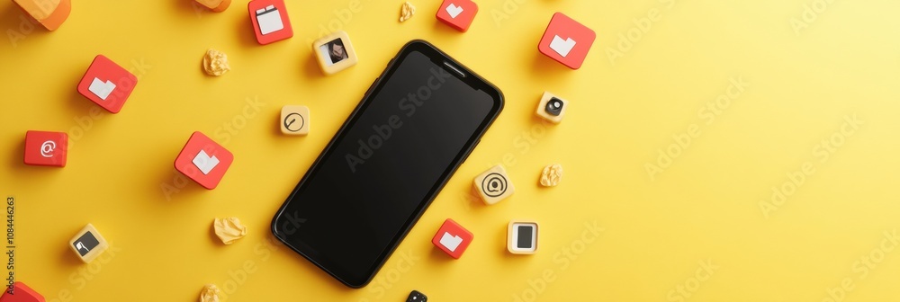 Poster a smartphone sits on a vibrant yellow background, encircled by various notification icons indicating