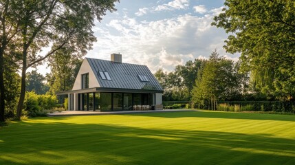 a perfectly manicured green lawn stretching in front of a stylish modern country house