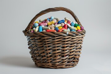 Wicker basket overflowing with a variety of colorful pills, representing the pharmaceutical industry and the concept of medicine