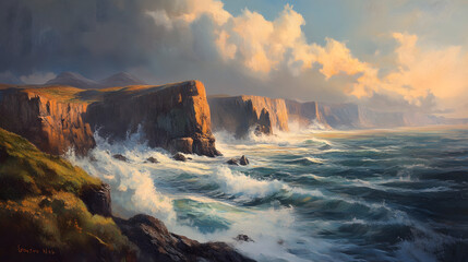 Fototapeta premium Dramatic coastal scene with crashing waves against rugged cliffs under a cloudy sky. The golden hour light casts a warm glow on the landscape.