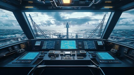 The vessel's state-of-the-art control centre showcases cutting-edge technology as it navigates choppy ocean waters as the sun sets on the horizon.