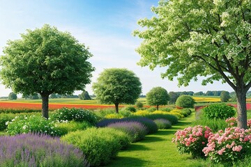 Fototapeta premium Vibrant Trees and Colorful Flowers in Scenic Fields on a Soft White Background