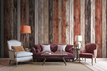 3D Vintage Retro Room Decor and Background with Rustic Wood Wallpaper