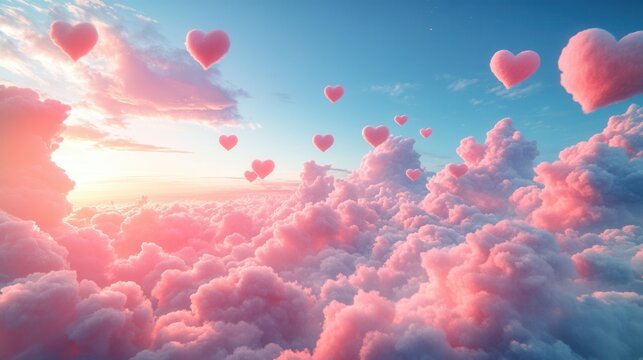 Soft blue sky with pink cloud hearts floating serenely at sunset, creating a dreamy atmosphere of love and tranquility, happy valentines day background