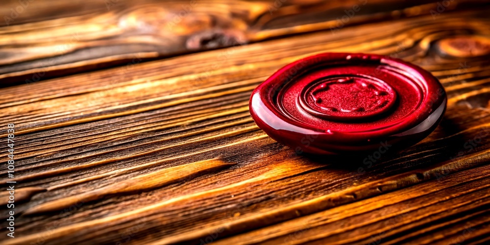 Poster elegant wax seal on a rustic wooden table with copy space for personalization and creative use in in