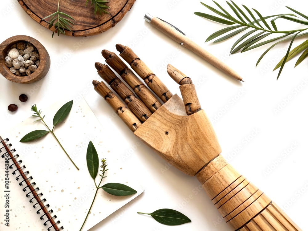 Poster elegant wooden hand on white background with ample copy space for text or branding use in minimalist