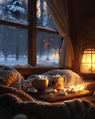 Cozy winter scene: Two mugs of hot chocolate with marshmallows sit on a wooden tray by a snow-covered window.  Warm lighting creates a peaceful atmosphere.