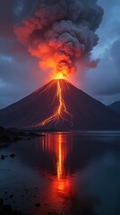 Breathtaking Eruption Of Volcano Spewing Lava at Dusk Over Water