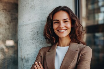 Fototapeta premium Confident and Beautiful Businesswoman Smiling at the Camera, Young Executive in a Portrait Style, Isolated on a White Background