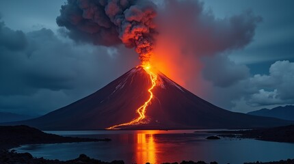 Stunning Eruption of Volcano at Dusk With Fiery Lava Flow