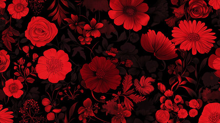Crimson Floral Symphony: A Seamless Pattern of Red Flowers on Black