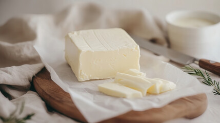 A block of fresh butter sliced on paper next to a knife on a wooden board in a bright kitchen setting