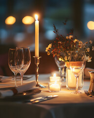 Romantic dinner setting with candles, wine glasses, and wildflowers. Soft, warm lighting creates an intimate ambiance.