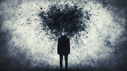 Silhouette of a person with chaotic thoughts in a dark and moody atmosphere.