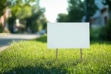 Yard sign mockup in the grass near the walking path on the city street background. Blank yard sign in green grass on sunny day