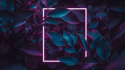 Naklejka premium Stylish Neon Frame Surrounded by Lush Leaves: A Captivating Blend of Nature and Modern Design for Artistic and Elegant Visuals