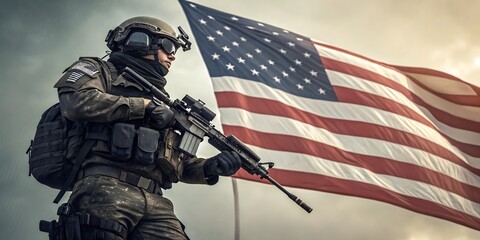 Soldier with machine gun and USA flag