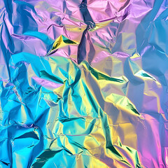 Vibrant iridescent holographic foil with pastel colors and crumpled texture.