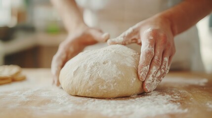 Obraz premium Baker kneads fresh dough on a floured wooden table in a warm kitchen, showcasing traditional bread-making techniques