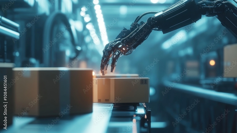 Poster futuristic automated warehouse: robotic arm sorting packages