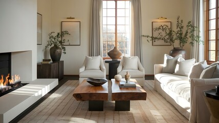 Fototapeta premium Modern and Inviting Living Room: A Stylish Blend of Comfort and Elegance Featuring Soft Furnishings, Warm Lighting, and Natural Elements for a Cozy Atmosphere