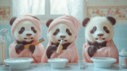 Three adorable panda cubs in pink bathrobes brushing their teeth in a bathroom.
