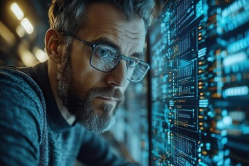 tech guru immersed in a futuristic data center, utilizing advanced laptop technology amidst sleek servers and digital interfaces, showcasing the evolution of data management and digitalization