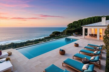 Fototapeta premium Exquisite Mediterranean Villa with Pool and Spacious Terraces Showcasing Breathtaking Ocean Views for an Opulent Summer Getaway
