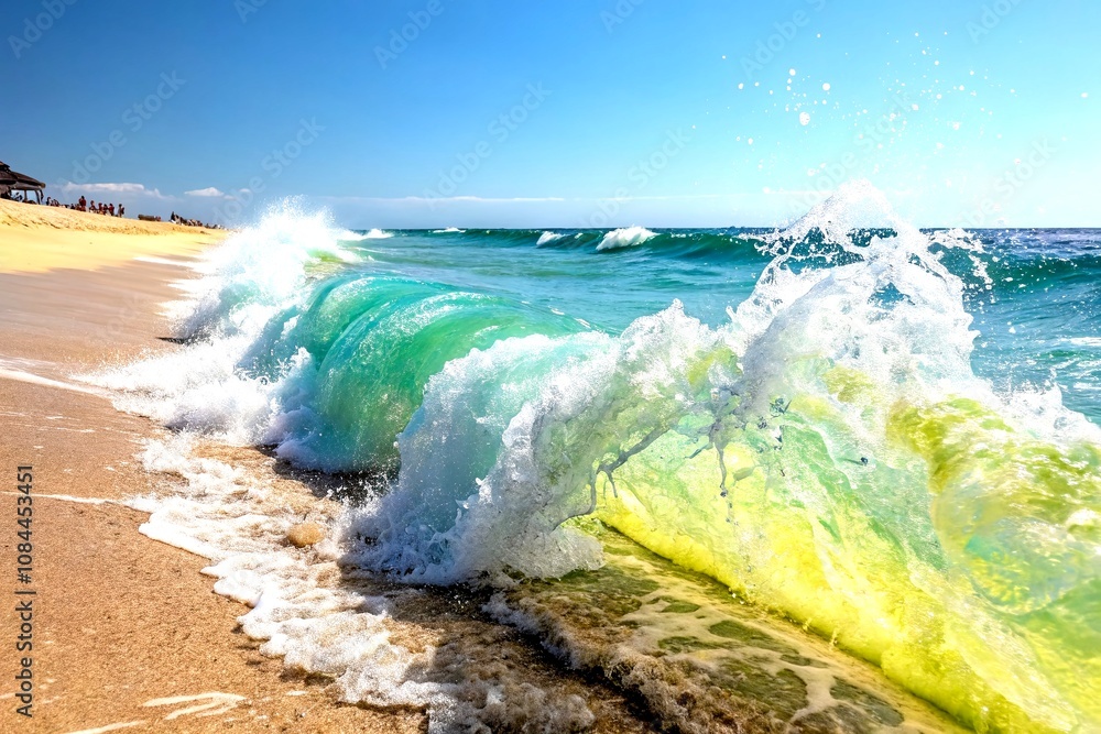 Poster energetic ocean waves crashing on a vibrant beach with dynamic colors and copy space for captivating