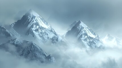 Snowy peaks shrouded in thick fog, creating a mystical winter mountain scene.