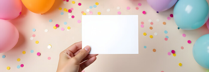 Obraz premium Mockup hand holding white blank card on background of colorful balloons and confetti scattered on light background flat lay with place for text.