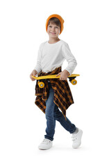 Little boy with skateboard on white background