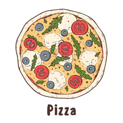 Hand drawn pizza. Italian pizza design element. Vector illustration. Italian food sketch. Menu, package design