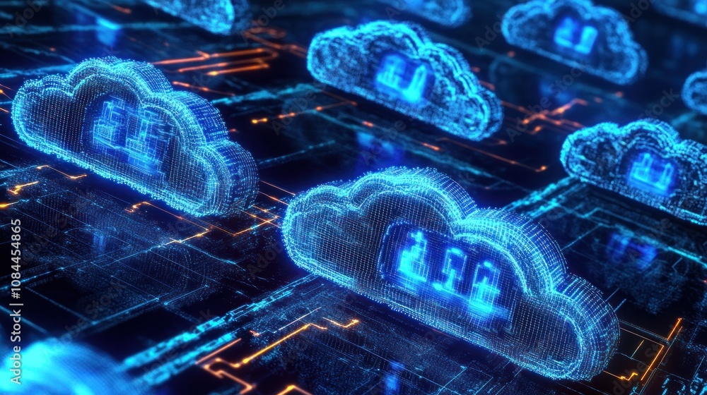 Poster digital cloud network: a futuristic visualization of data storage and server farms