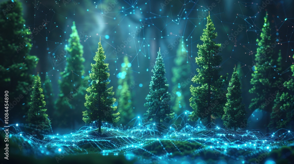 Poster a digital network of blue lines connect trees in a dark forest.