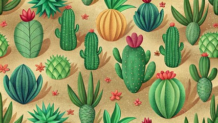 Pattern, illustration with cacti on a sand-colored background