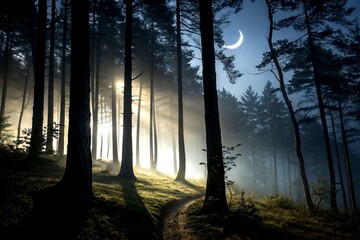 Fototapeta premium Ethereal Glow in a Misty Forest Under a Crescent Moonlight - A Captivating Landscape of Nature's Serenity and Mystique