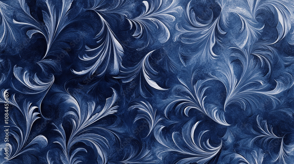Poster Intricate swirling frost-like pattern on dark blue fabric