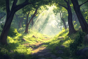Obraz premium Sunbeams illuminate a path winding through a lush green forest. A tranquil and magical scene.