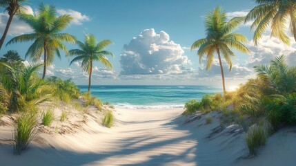 Fototapeta premium tropical oasis scene featuring lush palm trees swaying gently atop soft sandy dunes, basking in bright sunlight, conjuring a serene escape to paradise and summer vibes