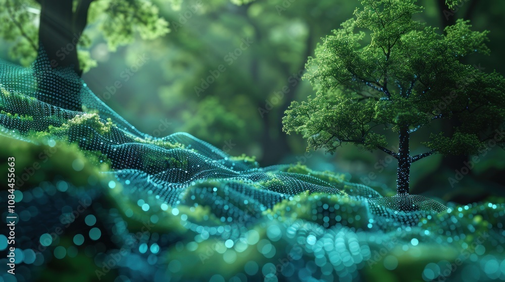 Poster a single tree stands tall in a lush green forest, its branches reaching towards the sun. the forest 