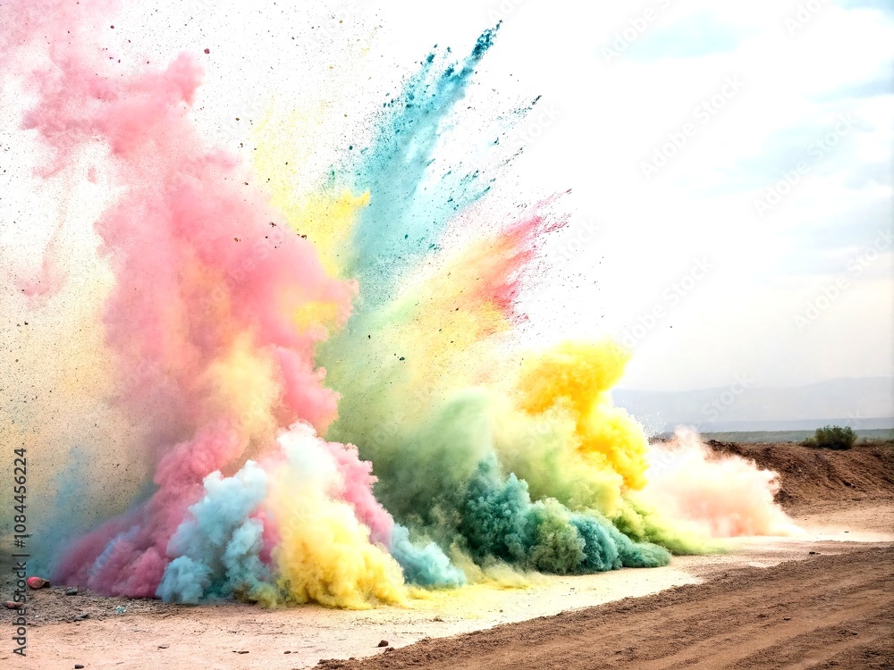 Poster explosion of light colored powder creating vibrant clouds on the left side with ample copy space for