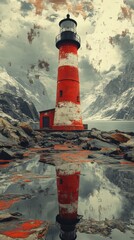 A Majestic Red Lighthouse Reflecting in a Frozen Harbor, A Stunning Coastal Landscape Painting