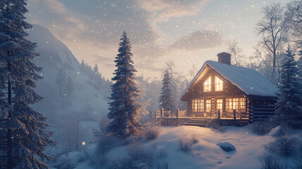 A snow-covered log cabin sits illuminated against a backdrop of snow-laden trees and a mountain range