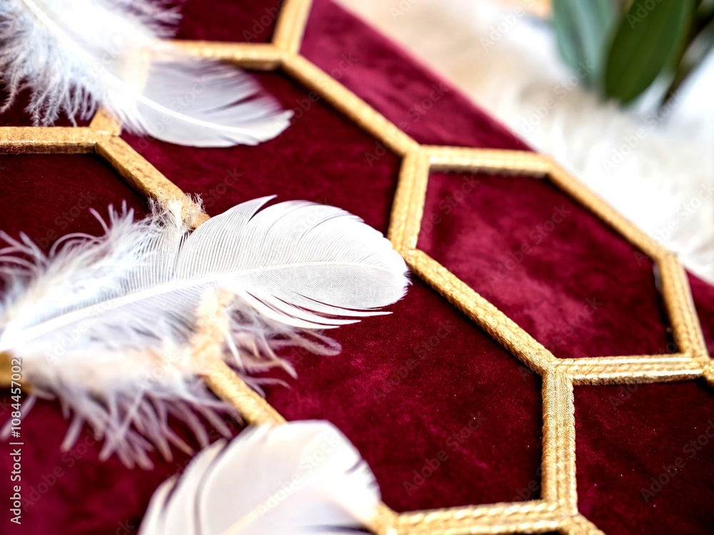 Poster exquisite tilt-shift photography of hexagonal velvet patterns with white swan feathers creating an e