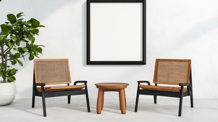 the poster in frame mockup on the placement. A minimalist living space featuring two woven chairs, a wooden table, and a blank framed artwork, complemented by a potted plant.