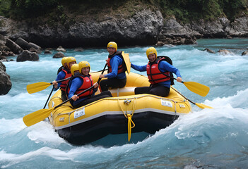 rafting adventure, forested river, bright rafts, peaceful scenery 