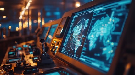 A futuristic navigation room showcases illuminated screens and high-tech controls, guiding global exploration in the evening hours.