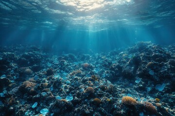 Fototapeta premium underwater view reveals plastic pollution and microplastics threatening marine life, emphasizing the urgent need for environmental conservation and awareness